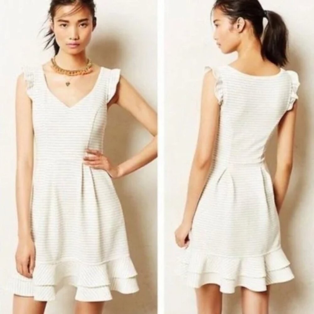 Anthropologie Maeve Sunland White Striped Ruffle Cap Sleeve Dress 0